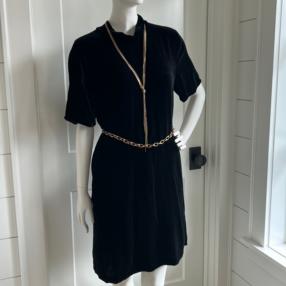 Eileen Fisher black velvet shift dress with neck tie